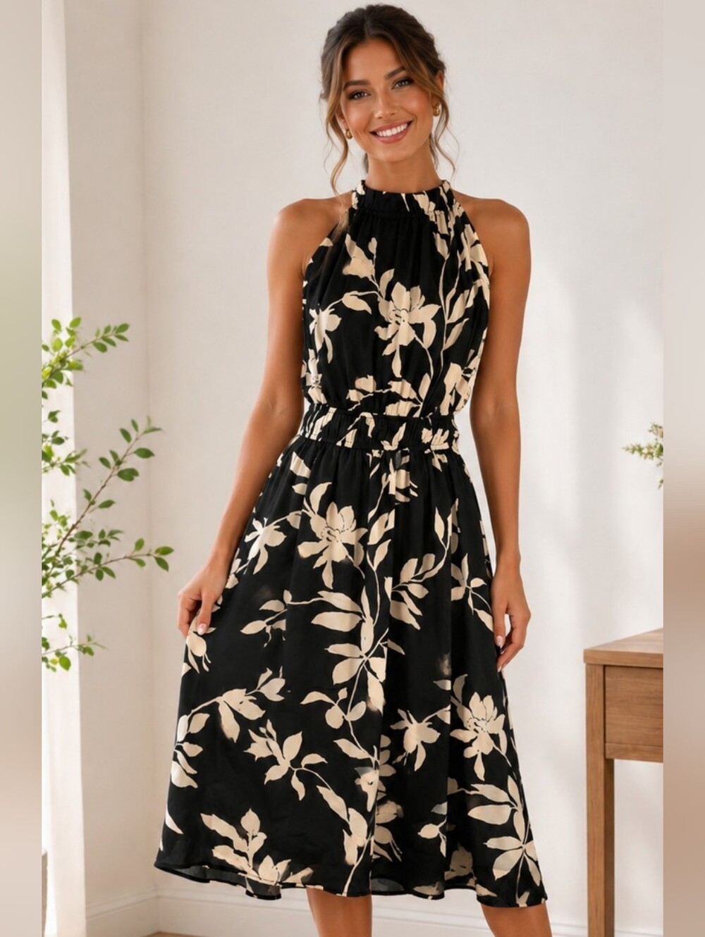 High-Neck Black Floral Midi Dress with Smocked Waist Size M